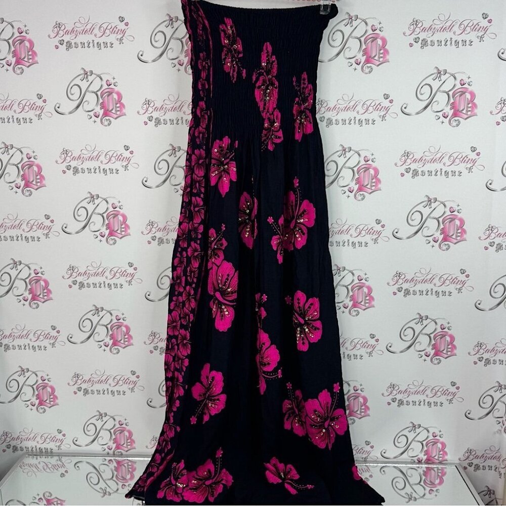 Dress long strapless smocked one size fits all Elegant Black and Pink Floral
